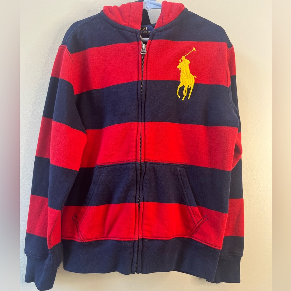 Polo by Ralph Lauren Kids Zip Hoodie Jacket in Red Navy Blue Stripes Large Logo
